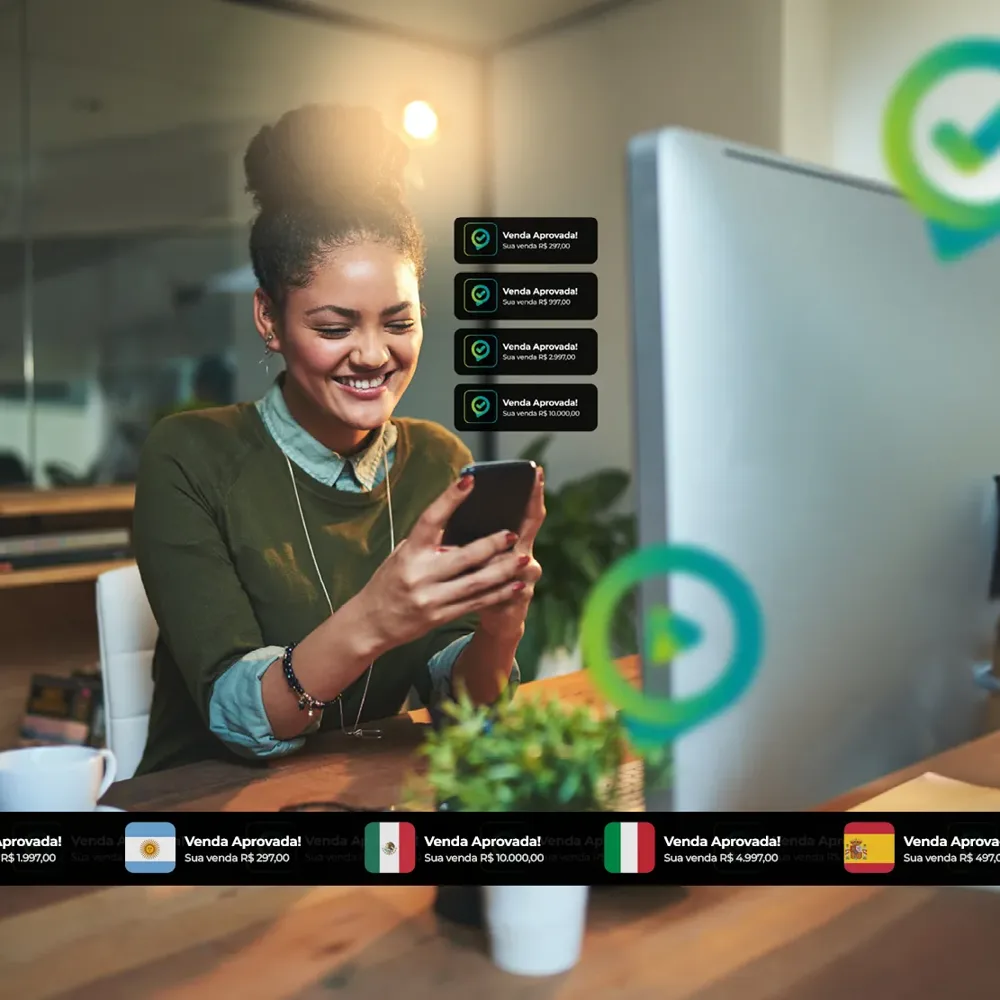 Produtora acompanhando notificações de venda aprovada em dólar, peso e euro na conta Greenn